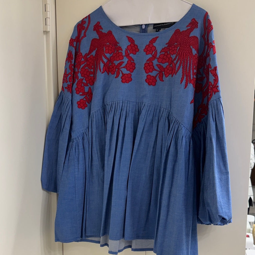 HEMANT & NANDITA Blue Top with Red Embroidery
